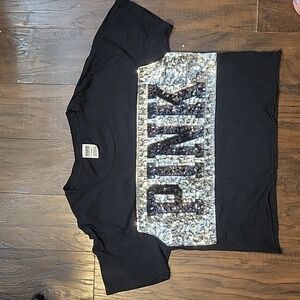 PINK sequin short sleeve crop top SZ M